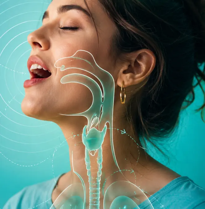 Ilustración de una cantante con la respiración y la anatomía vocal resaltadas